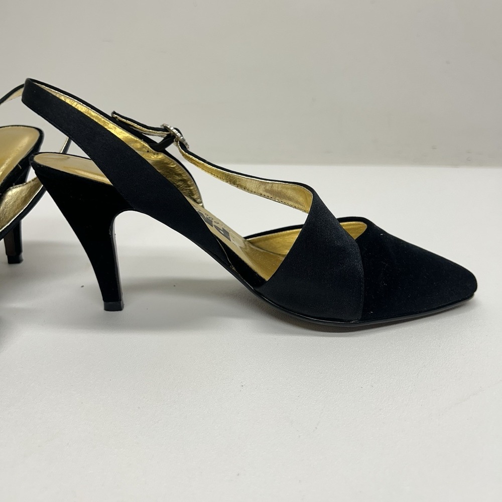 Vintage 90s PM Collection 925 Black Rhinestone Buckle Slingback Pumps Heels Sz 6 - Picture 7 of 13